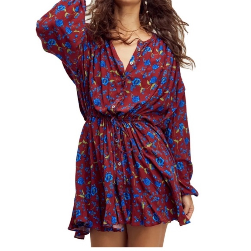 Free People Floral Fields Burgundy and Blue long sleeve dress